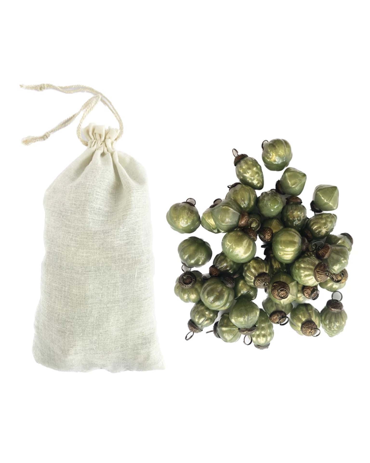 Mercury Glass Ornaments in Bag, Olive Green, S/36