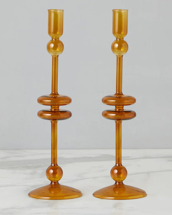 etúHOME Amber Glass Candlesticks Set of 2 - Large 
