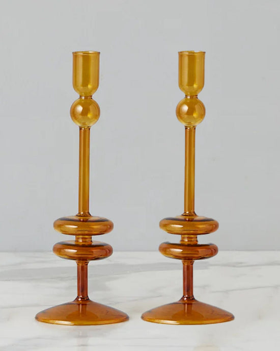 etúHOME Amber Glass Candlesticks Set of 2 -  Medium 