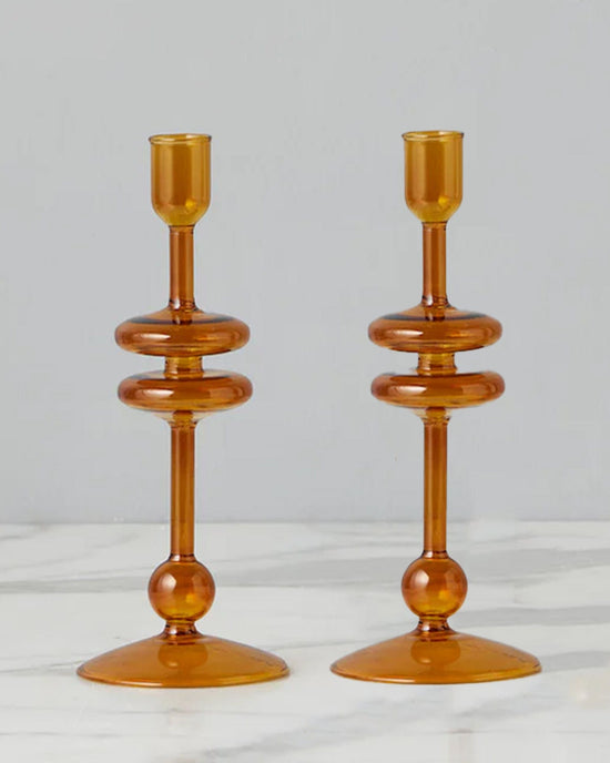 etúHOME Amber Glass Candlesticks Set of 2 -  Small 