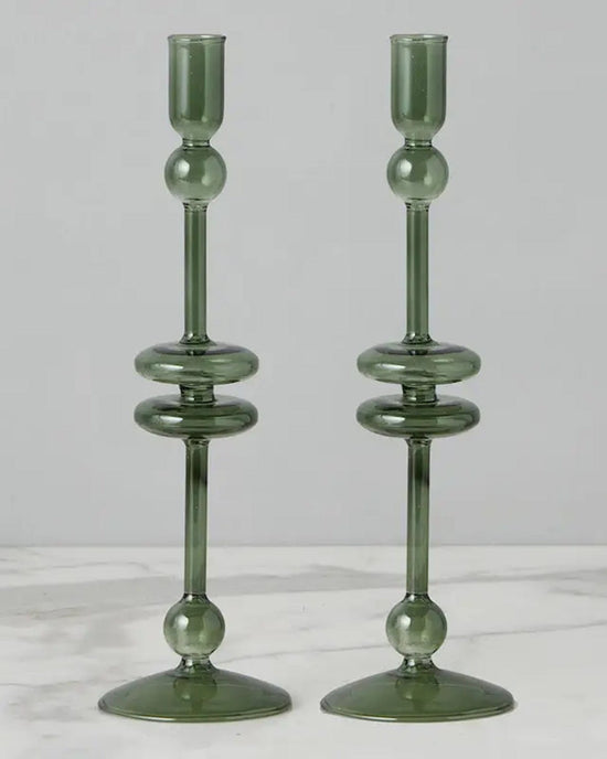 etúHOME Emerald Glass Candlesticks Set of 2 - Large 