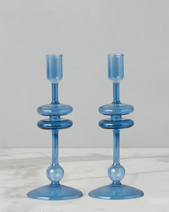etúHOME Sapphire Glass Candlesticks Set of 2 - Small 