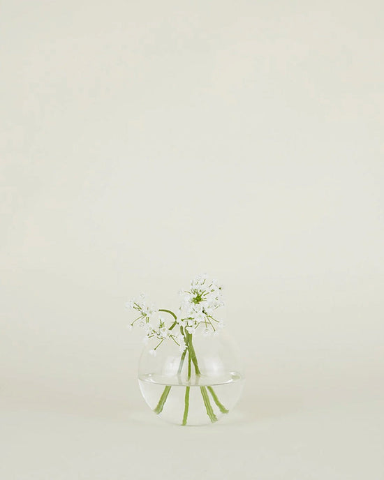 The Hawkins New York Aurora Sphere Vase in Clear, crafted from recycled handblown glass, holds several white flower stems and is set against a plain light beige background.