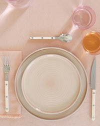 The Hawkins New York Essential Dinnerware in Blush, a 16-piece stoneware set, features plates and bowls on a pink tablecloth with flatware and two glasses. This stylish, dishwasher safe set is perfect for everyday dining.