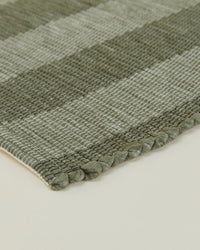 Close-up of Hawkins New Yorks Essential Floor Mat in Olive, featuring a green and beige checkered pattern with textured fibers and a braided edge on a light surface.
