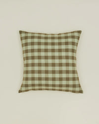 The Hawkins New York Essential Gingham Pillow, 18x18 inches in Sage/Olive, features a classic check pattern and offers stylish European linen durability, shown against a plain off-white background.