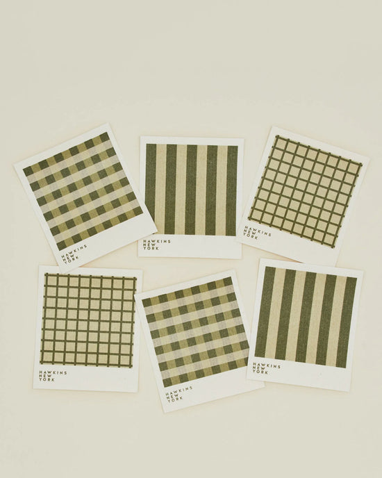 The Hawkins New York Essential Swedish Dishcloths in Olive/Sage, set of 6, feature assorted plaid and striped patterns, arranged on a plain cream background.