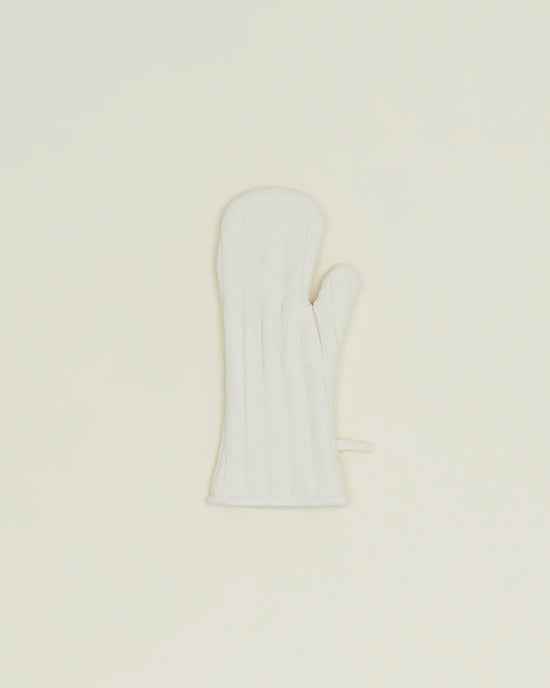 A single Hawkins New York Simple Linen Oven Mitt in Ivory, featuring heat-resistant padding, is shown on a plain, light-colored background.