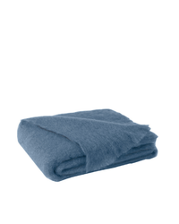 The Brushed Mohair Throw in Lake by Lands Downunder, featuring a soft, fuzzy texture and elegant blue hue, is displayed on a white background—ideal as a luxury accent blanket.