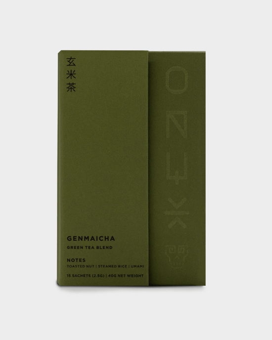 A minimalist green box of Onyx Coffee Lab’s Genmaicha Tea | 15 Sachets (40g), featuring Sencha green tea with toasted nut, steamed rice, and umami notes; Japanese-inspired design with Kyoto-style characters.