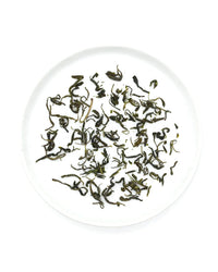 Onyx Coffee Labs Mao Jian Tea | 12 Sachets, featuring loose green tea leaves from Henan Province, are displayed on a white, round plate.