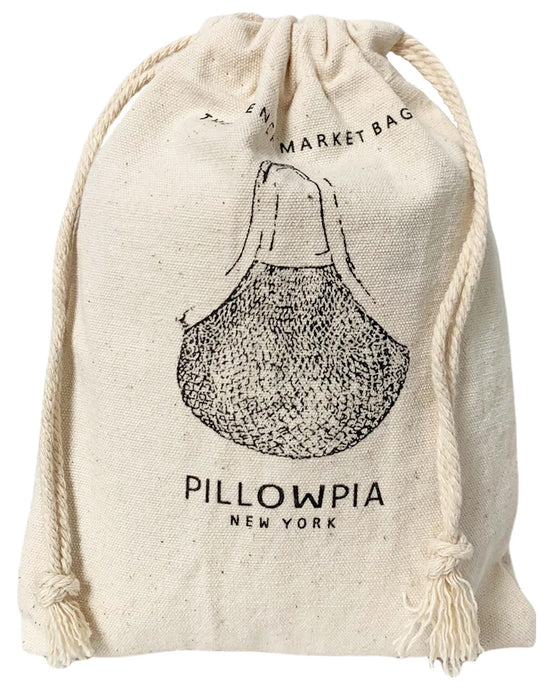 The French Market Bag No.2 in Natural by PILLOWPIA is a cream-colored organic cotton bag with a drawstring closure, featuring garlic artwork and PILLOWPIA NEW YORK printed on the front.