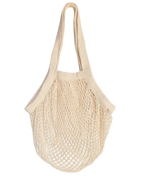 The French Market Bag No.2 In Natural by PILLOWPIA is a beige organic cotton mesh shopping bag with two handles, shown against a white background.
