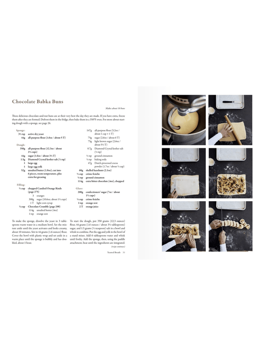 A recipe for Delectable Chocolate Babka Buns by Random House is shown on the left, with six step-by-step photos of dough-making and assembly on the right—perfect for home baking.