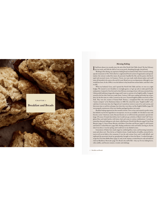A close-up of scones appears on the left page under the chapter Breakfast and Breads in Delectable by Random House; the right page starts Morning Baking, which offers pastry recipes and home baking tips in black text on white.