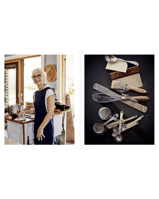 A woman stands in her kitchen wearing an apron, ready to bake at home. On the counter, Delectable by Random House sits beside a whisk and measuring spoons, inspiring her next delicious pastry creation.