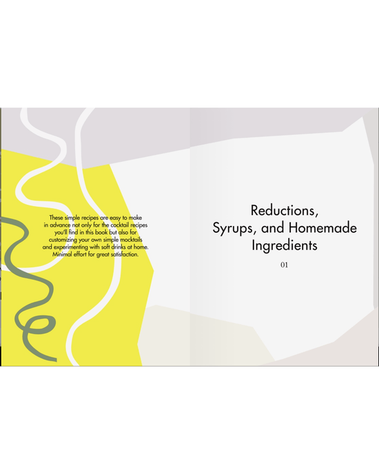 An open Fizz book by Random House reveals a section on Reductions, Syrups, and Homemade Ingredients, plus abstract designs and cocktail recipes ideal for fizzy mixers or mocktails.