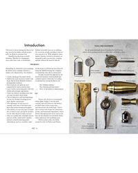 A flat lay of Random Houses Fizz bar tools—grater, fine and hawthorne strainers, paring knife, bar spoon, muddler, Boston shaker, and champagne pressure gauge—perfect for crafting cocktails or mocktails.