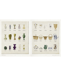 Two pages from Random House’s Flower Couture display illustrated vases and pots—ideal for flower arranging—with unique shapes, designs, and labeled names.