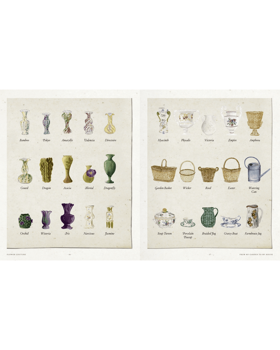 Two pages from Random House’s Flower Couture display illustrated vases and pots—ideal for flower arranging—with unique shapes, designs, and labeled names.