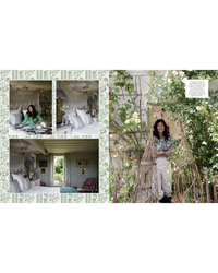 A woman poses with Flower Couture by Random House, indoors on a bed and sofa with patterned pillows and floral wallpaper, and outdoors among greenery and lattice structures.