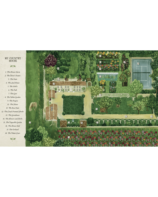 Flower Couture by Random House features an illustrated map of a French country house with labeled gardens for flower arranging, orchards, greenhouse, vegetable patch, tennis court, stable, and lush grounds ideal for entertaining.