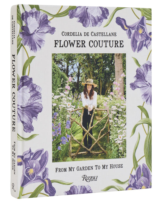 The cover of Flower Couture by Random House features a woman in a flower-filled garden with purple floral borders, capturing the elegance of a French country house and inspiring creative floral arrangements.