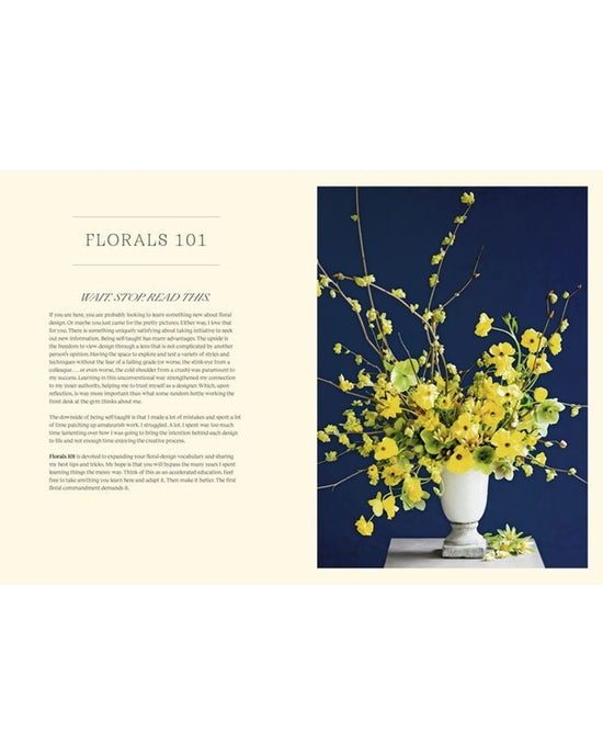 Floral arrangement in a white vase on a navy background with text on a beige sidebar.