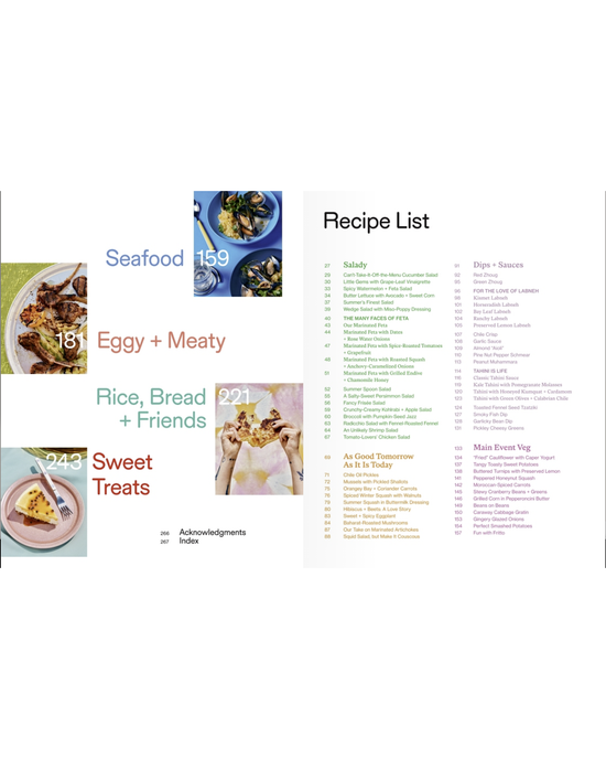 Kismet by Random House features categorized recipes—Seafood, Eggy + Meaty, Rice, Bread + Friends, Sweet Treats, Dips + Sauces, and Main Event Veg—with beautiful photos of vegetable-focused Mediterranean dishes.