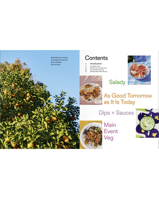 On the left is a fruit tree with apples or oranges; on the right is Random Houses Kismet cookbook contents page, displaying food photos and section titles like Salady, Dips + Sauces, and Main Event Veg with Mediterranean flavors.