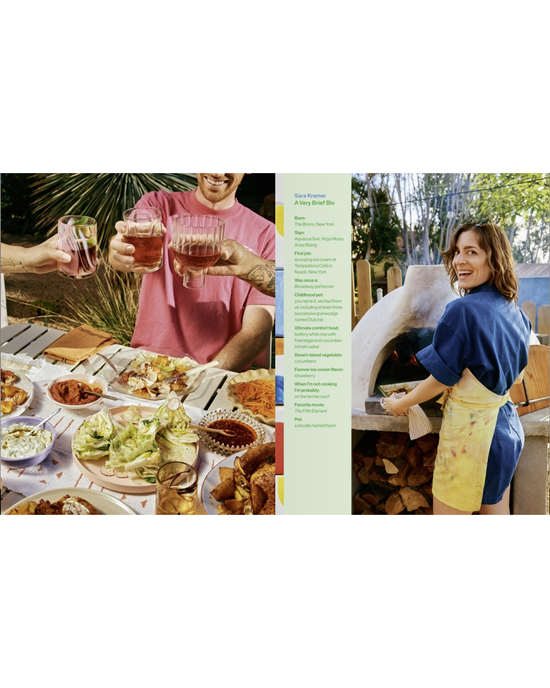 A group toasts drinks over a Mediterranean feast as a woman in an apron stands by an outdoor pizza oven; Kismet by Random House is featured.