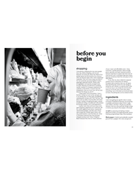 A shopper with light hair sips from a cup in a grocery store; a Before You Begin section offers tips for choosing ingredients, inspired by Random Houses Nothing Fancy cookbook and Alison Roman’s effortless entertaining recipes.