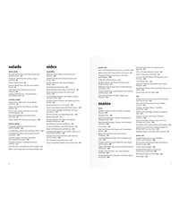 Menu pages inspired by Random Houses Nothing Fancy cookbook, featuring salads, sides, grains, and mains in neat columns with dish names, ingredients, and page numbers. Black text on white for easy entertaining recipes.