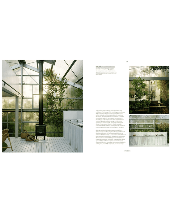 The modern greenhouse interior in Outside In by Random House features a wood stove, white floors, greenery, and more—showcasing beautiful homes that seamlessly blend indoor and outdoor spaces. See additional images and text on the adjacent page.