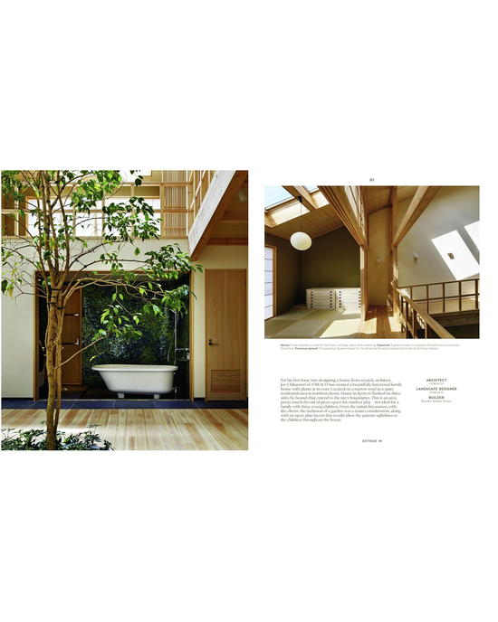 Outside In by Random House features modern interiors that blend home design with nature, including spaces with trees, bathtubs, sunlit rooms, wooden beams, stairs, and round lamps—perfectly exemplifying bringing the outside in.