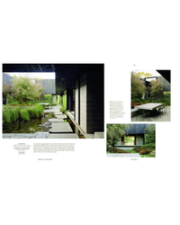 The modern home in Outside In by Random House features a pond, stepping stones, lush greenery, and an inviting outdoor dining area—showcasing design that blends indoor comfort with nature.