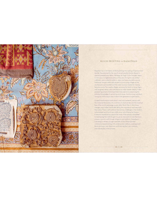 Book page with text and illustrations of block printing in Rajasthan.