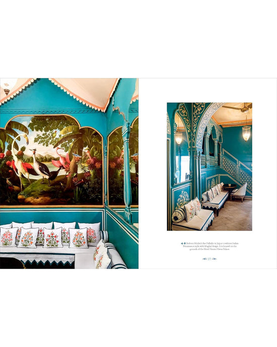 Decorative interior book contents with teal walls, floral pillows, and a large painting.