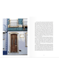 The left page of Patterns of Portugal by Random House features a wooden door and tiled facade; the right page presents text highlighting Portuguese culture and tilework.