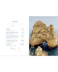 The left side lists the table of contents with page numbers; on the right, a rocky coastal arch above blue ocean water showcases Portugal’s beauty in Patterns of Portugal, a coffee table book by Random House.