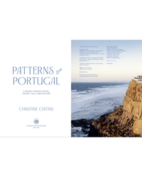 Title page of Patterns of Portugal from Random House features text on the left and a coastal cliffside on the right—an inviting glimpse into this beautifully photographed Portugal coffee table book.