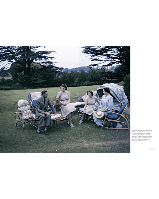 Four people and a dog relax outdoors on Random House Rattan chairs in a garden, with trees and hills in the background.