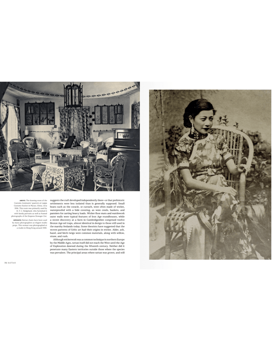 On the left, a vintage living room features the Rattan chair by Random House. On the right, a woman in a floral dress sits on this rattan chair, gazing slightly to the side.