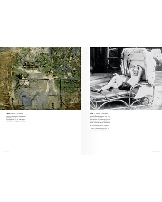 Left: Woman relaxes by a pond in Random House Rattan chair. Right: Black-and-white photo of woman smiling, lounging outdoors in Random House Rattan furniture.