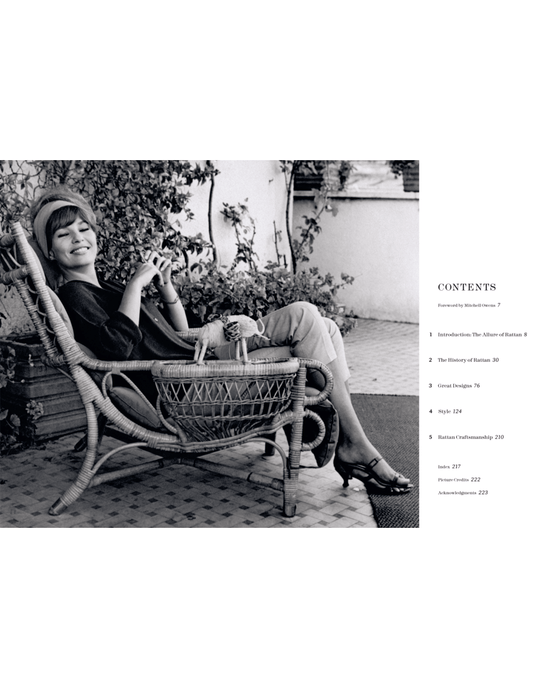 A woman sits outdoors in a wicker chair, smiling with crossed legs. The black and white image highlights the charm of Rattan by Random House. A contents page appears on the right with clearly marked sections.