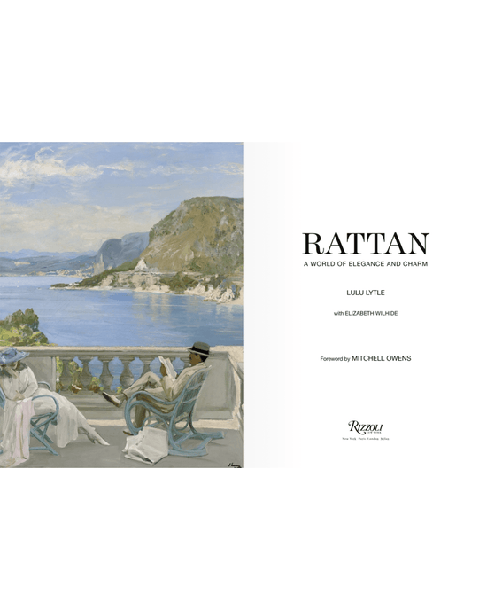 Two people in hats relax on a terrace with elegant rattan furniture, overlooking water and mountains, shown beside the title page for Rattan by Random House.