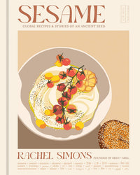 Book cover of 'Sesame' by Rachel Simons with a dish illustration and sesame seeds.