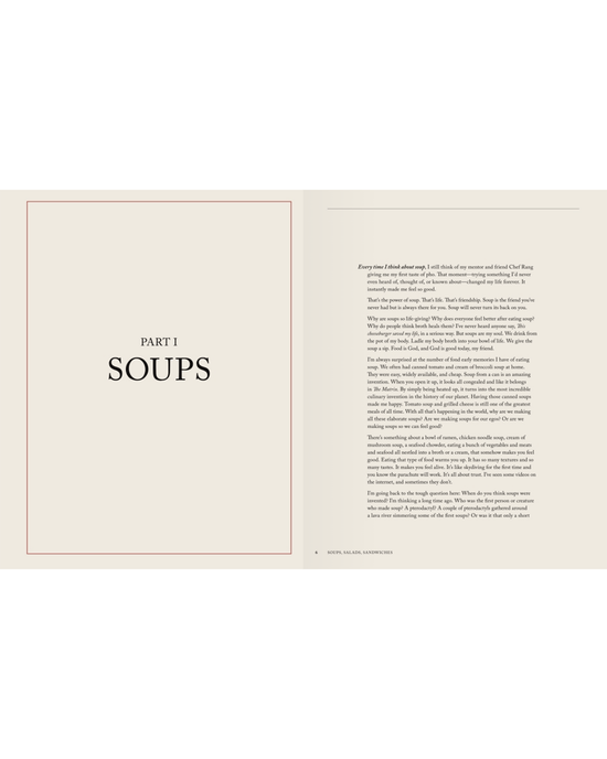 A cookbook spread from Random House’s Soups, Salads, Sandwiches shows Part 1: Soups on the left and an intro on the right about how soups, salads, and sandwiches combine for comforting meals.