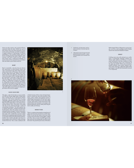 A two-page spread from Spilled Natural Winemakers Stories & Recipes by Random House; left page shows wine barrels in a cellar, right page displays hands pouring natural wine into glasses, both with text.