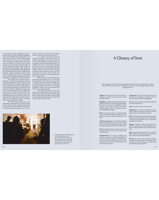 A two-page spread from Spilled Natural Winemakers Stories & Recipes by Random House features a left page with text, a photo of natural winemakers indoors and caption, while the right page, titled A Glossary of Sorts, lists definitions.